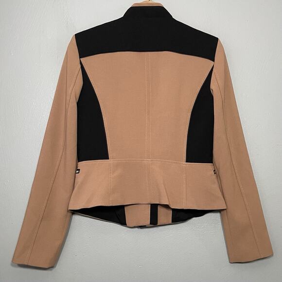 WHBM Jacket Size 4 Tan Black Moto Zip Blazer Office Siren Preppy Avant Garde - Picture 5 of 14